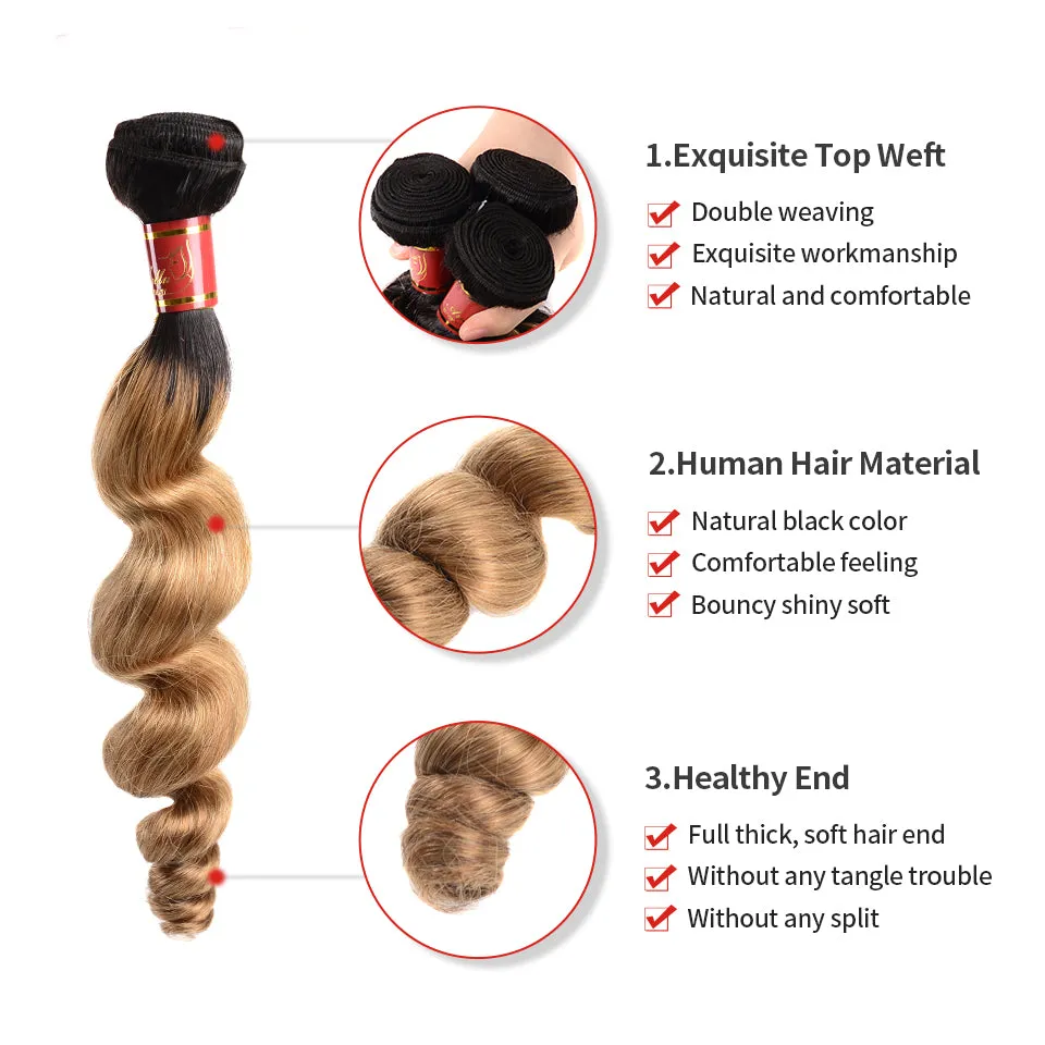 {12A 3Pcs} Virgin Ombre Brazilian T1b/27 Loose Wave 3 Bundles/pack Human Virgin Hair Extensions