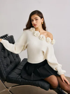 3D Flower Cold-Shoulder Sweater