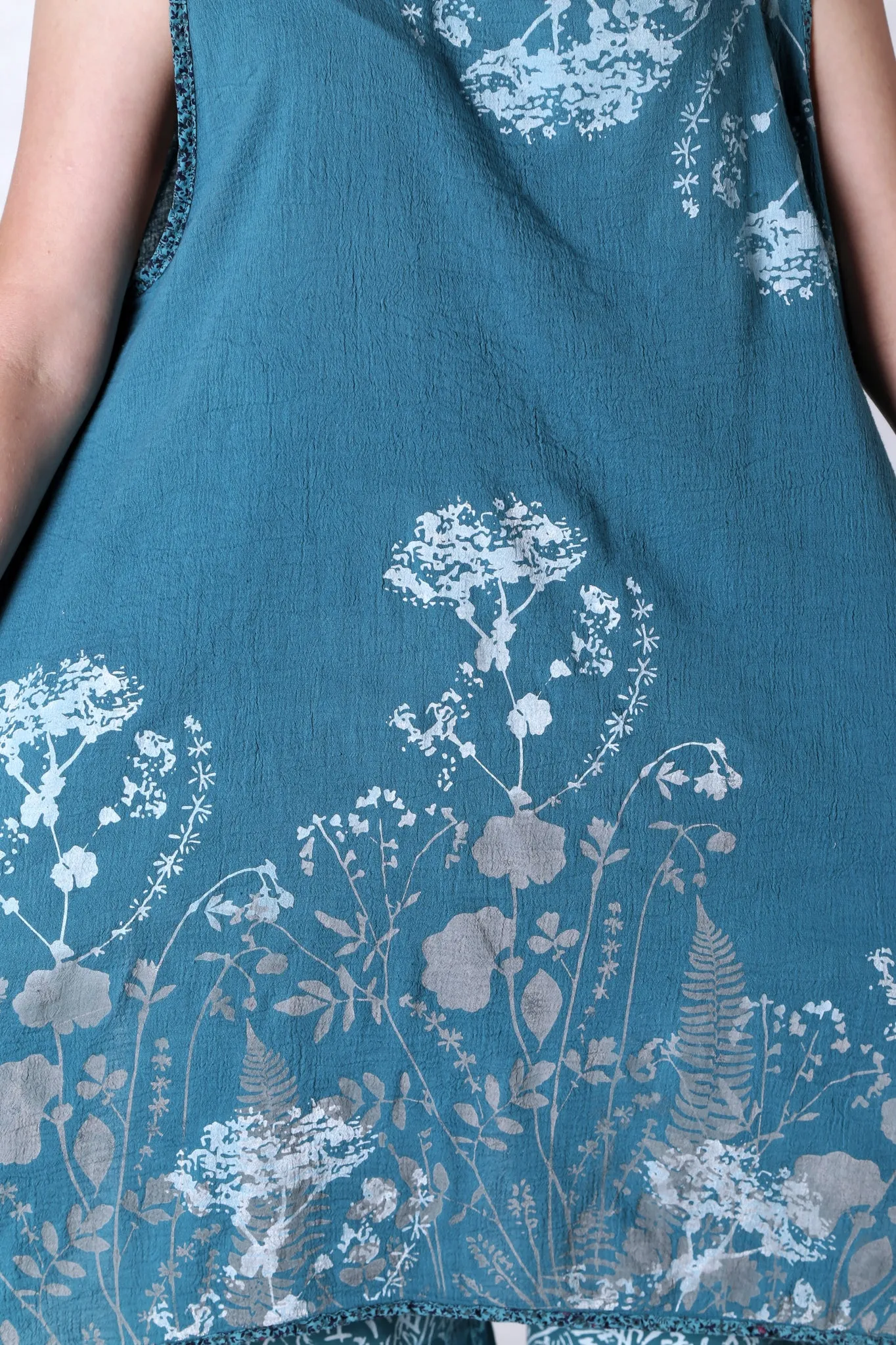 6207 Gauze Shift w/Floral Trim-Teal-Summer Botanical Silhouette