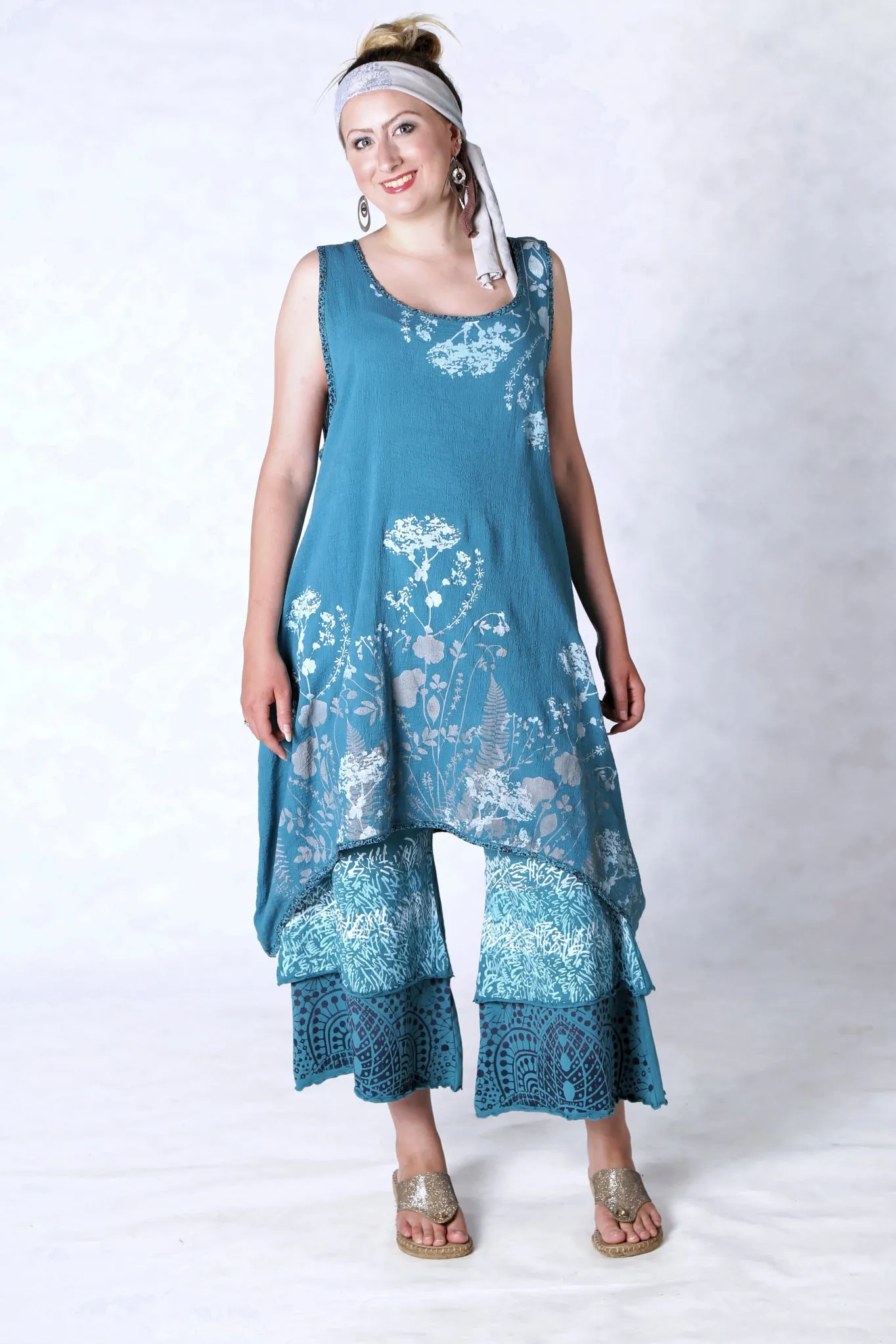 6207 Gauze Shift w/Floral Trim-Teal-Summer Botanical Silhouette