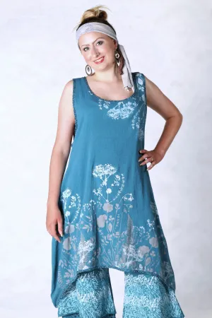 6207 Gauze Shift w/Floral Trim-Teal-Summer Botanical Silhouette