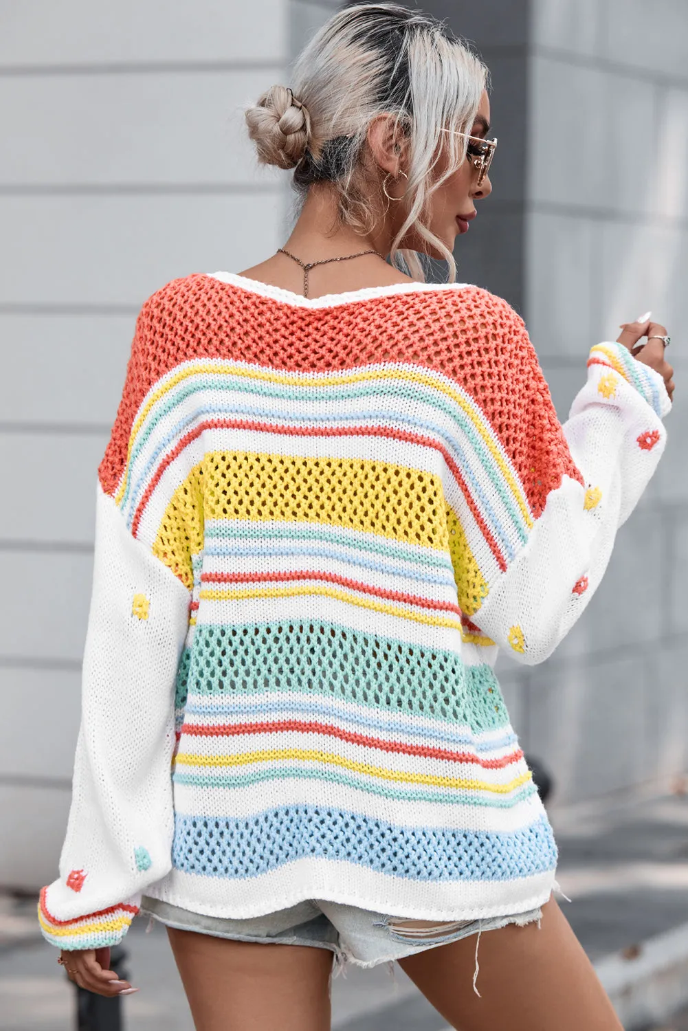Allison Openwork Striped Round Neck Long Sleeve Sweater