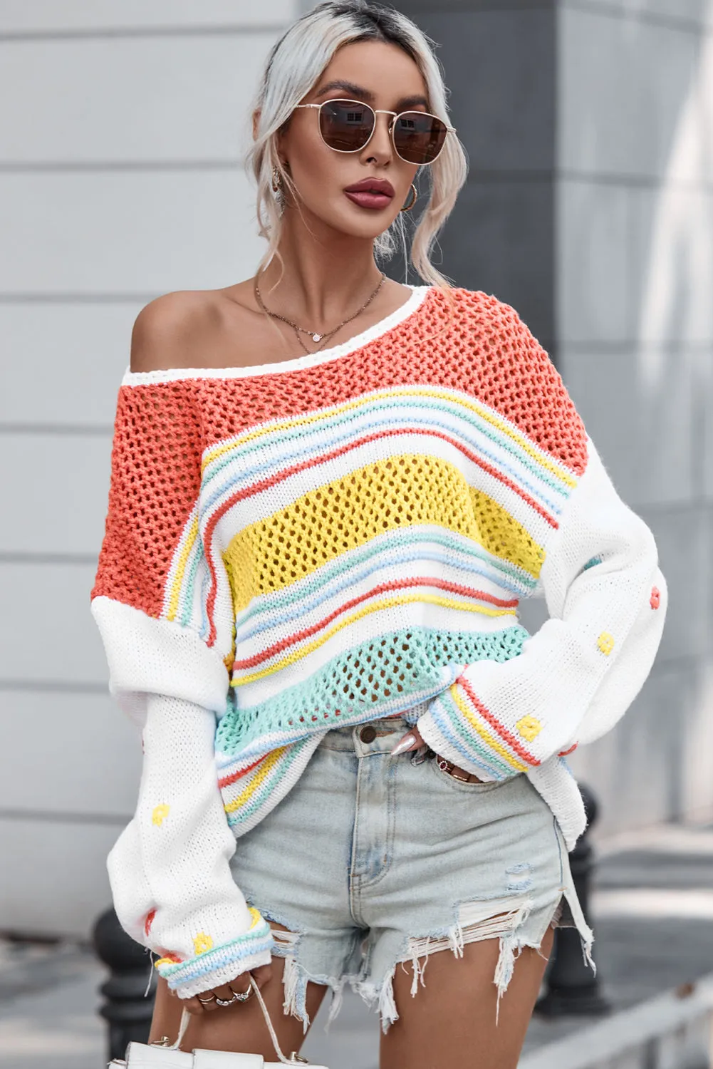Allison Openwork Striped Round Neck Long Sleeve Sweater