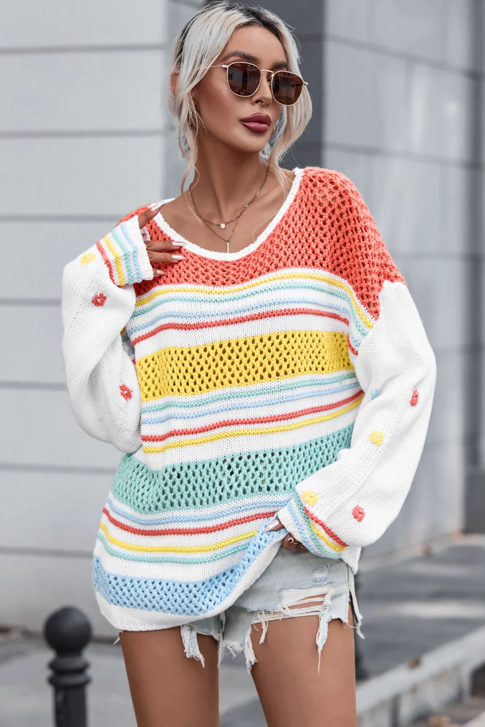 Allison Openwork Striped Round Neck Long Sleeve Sweater