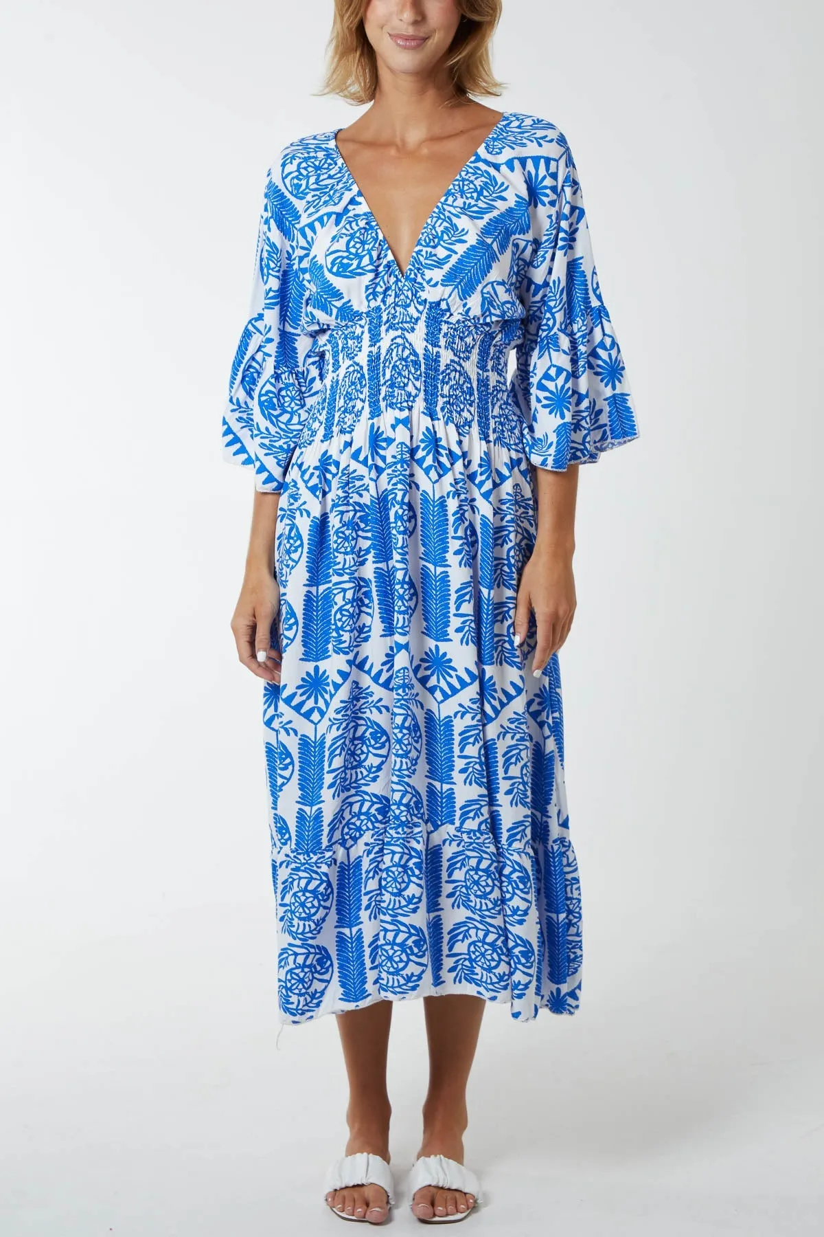 Baroque Floral Shirred Midi Dress