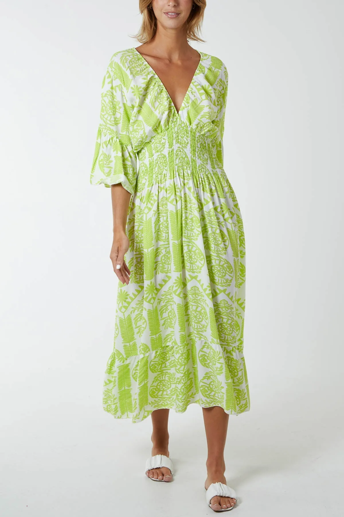 Baroque Floral Shirred Midi Dress