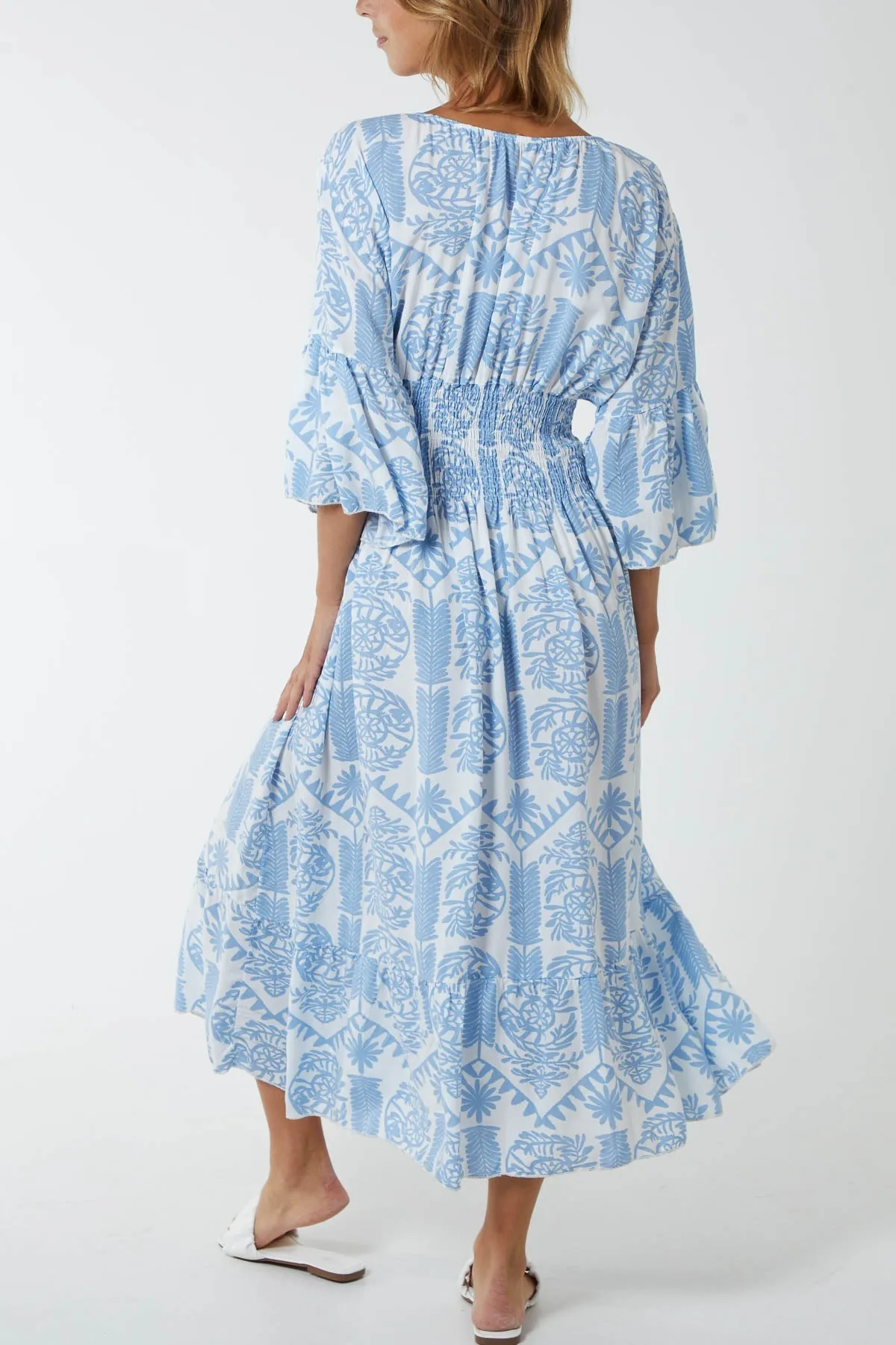 Baroque Floral Shirred Midi Dress