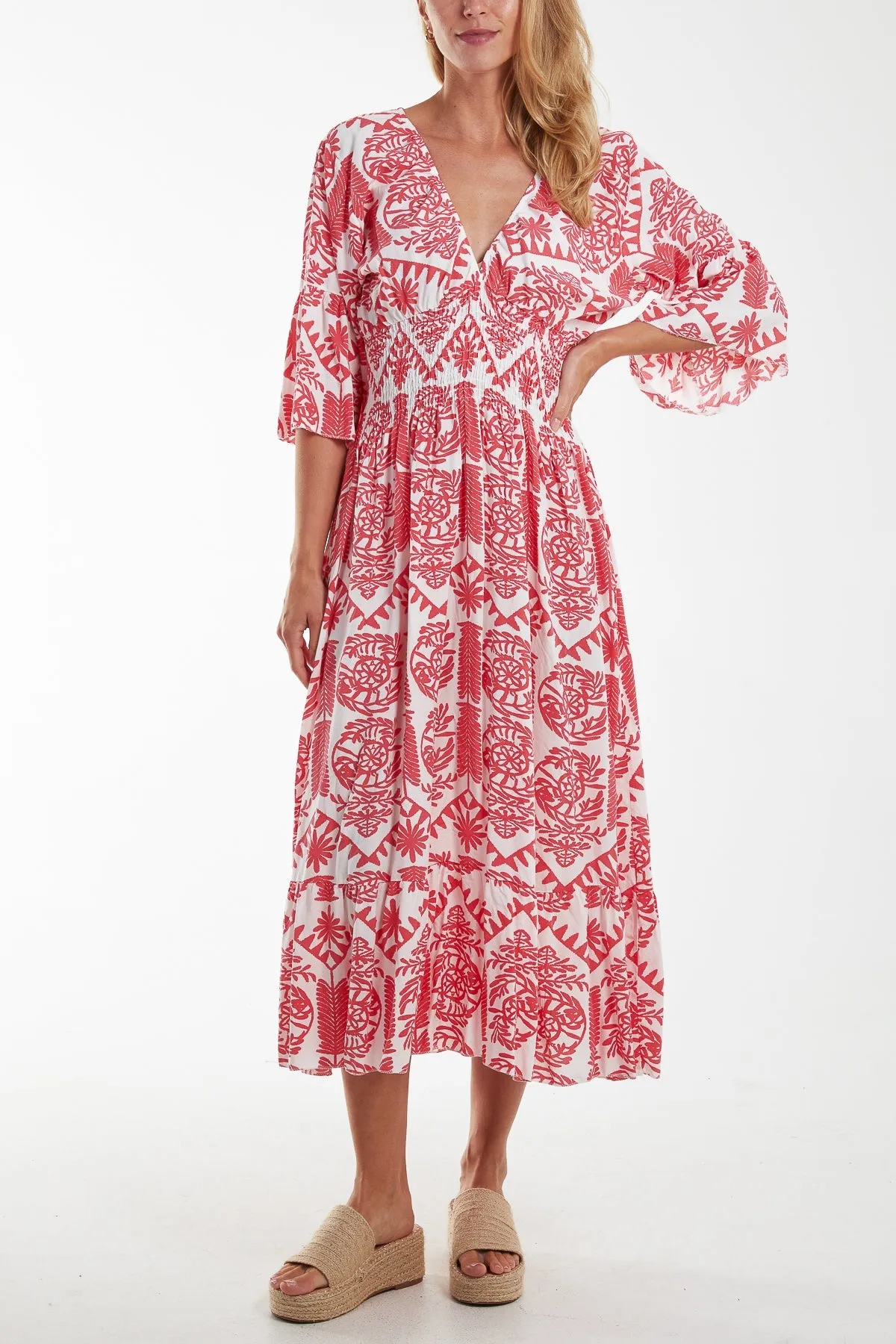 Baroque Floral Shirred Midi Dress