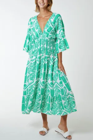 Baroque Floral Shirred Midi Dress