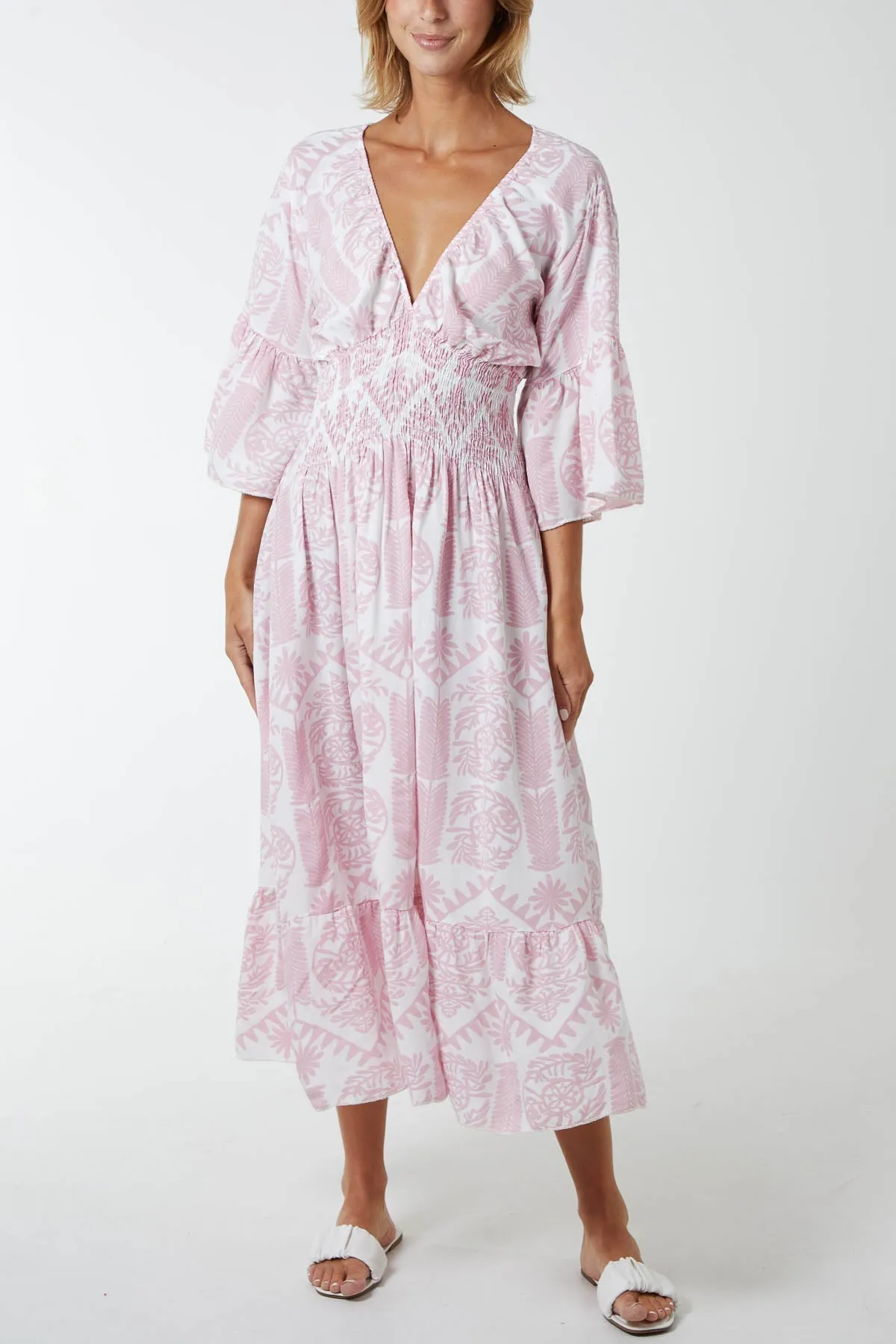 Baroque Floral Shirred Midi Dress