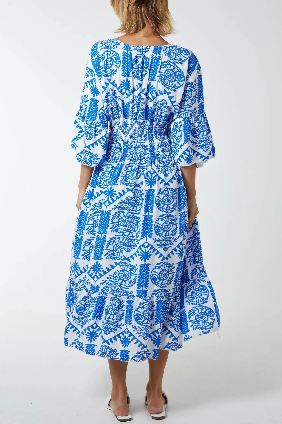 Baroque Floral Shirred Midi Dress