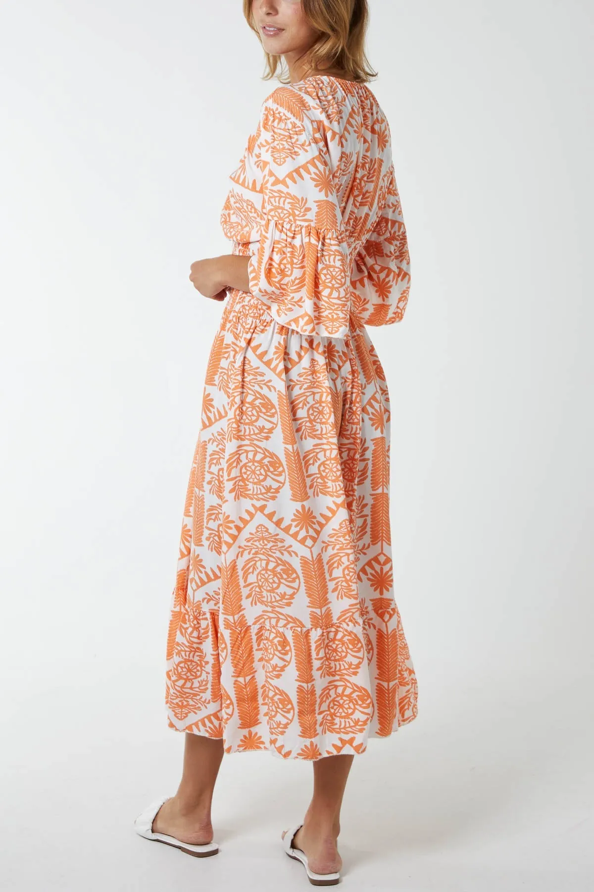 Baroque Floral Shirred Midi Dress