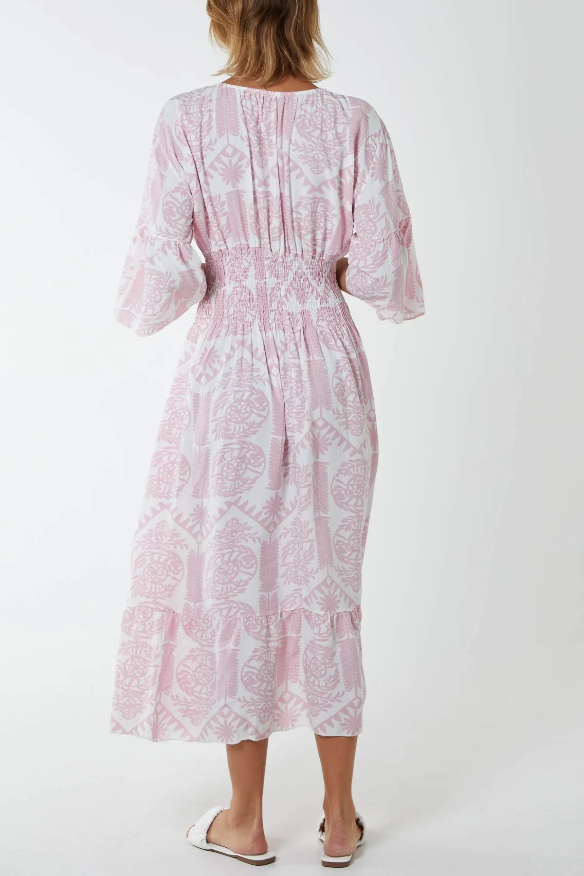 Baroque Floral Shirred Midi Dress