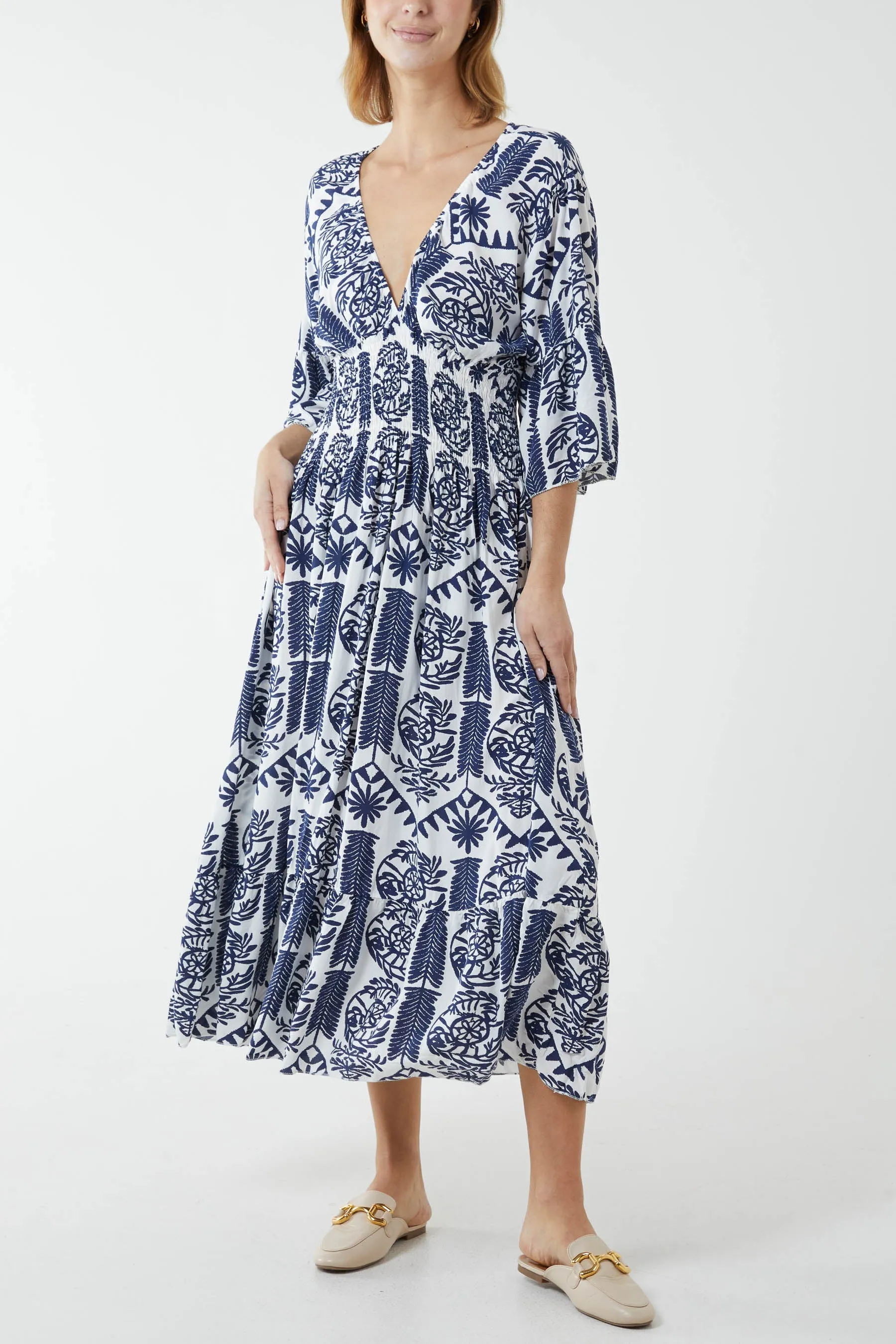 Baroque Floral Shirred Midi Dress