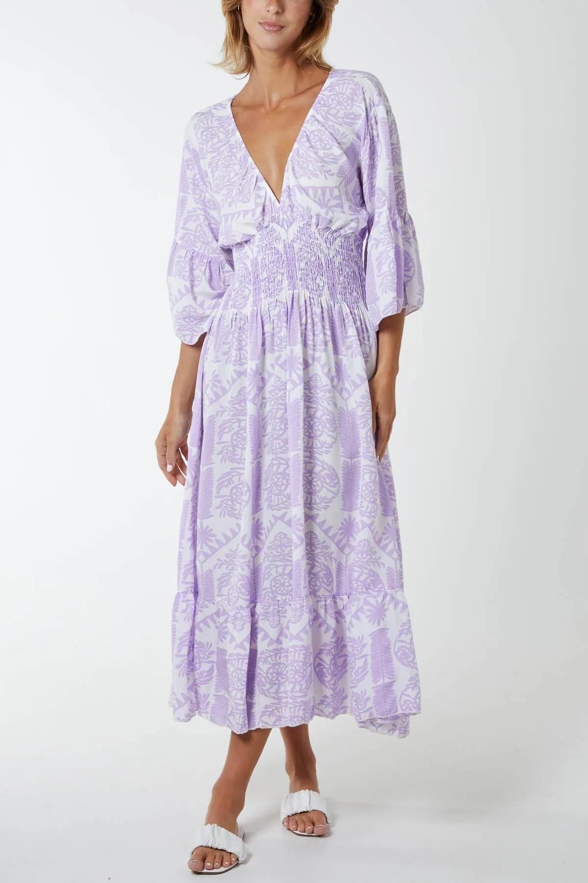 Baroque Floral Shirred Midi Dress