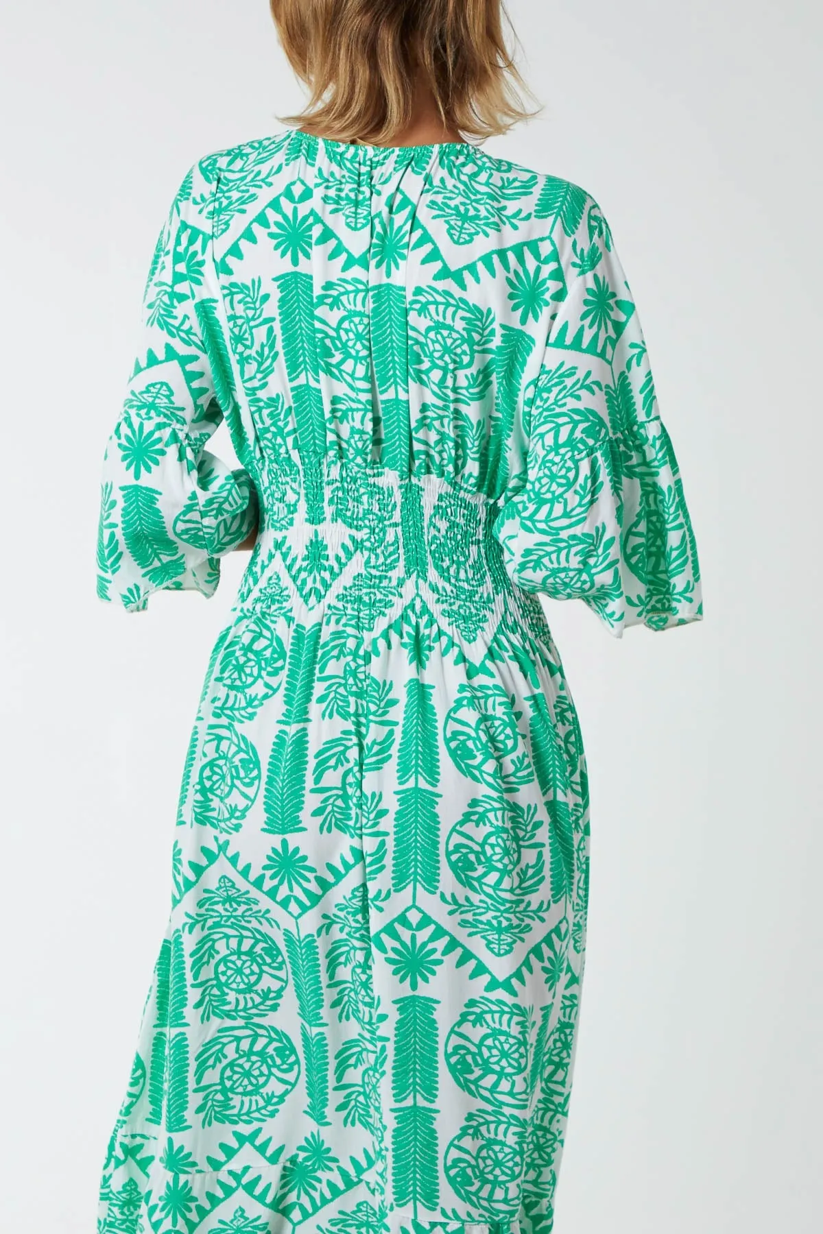 Baroque Floral Shirred Midi Dress