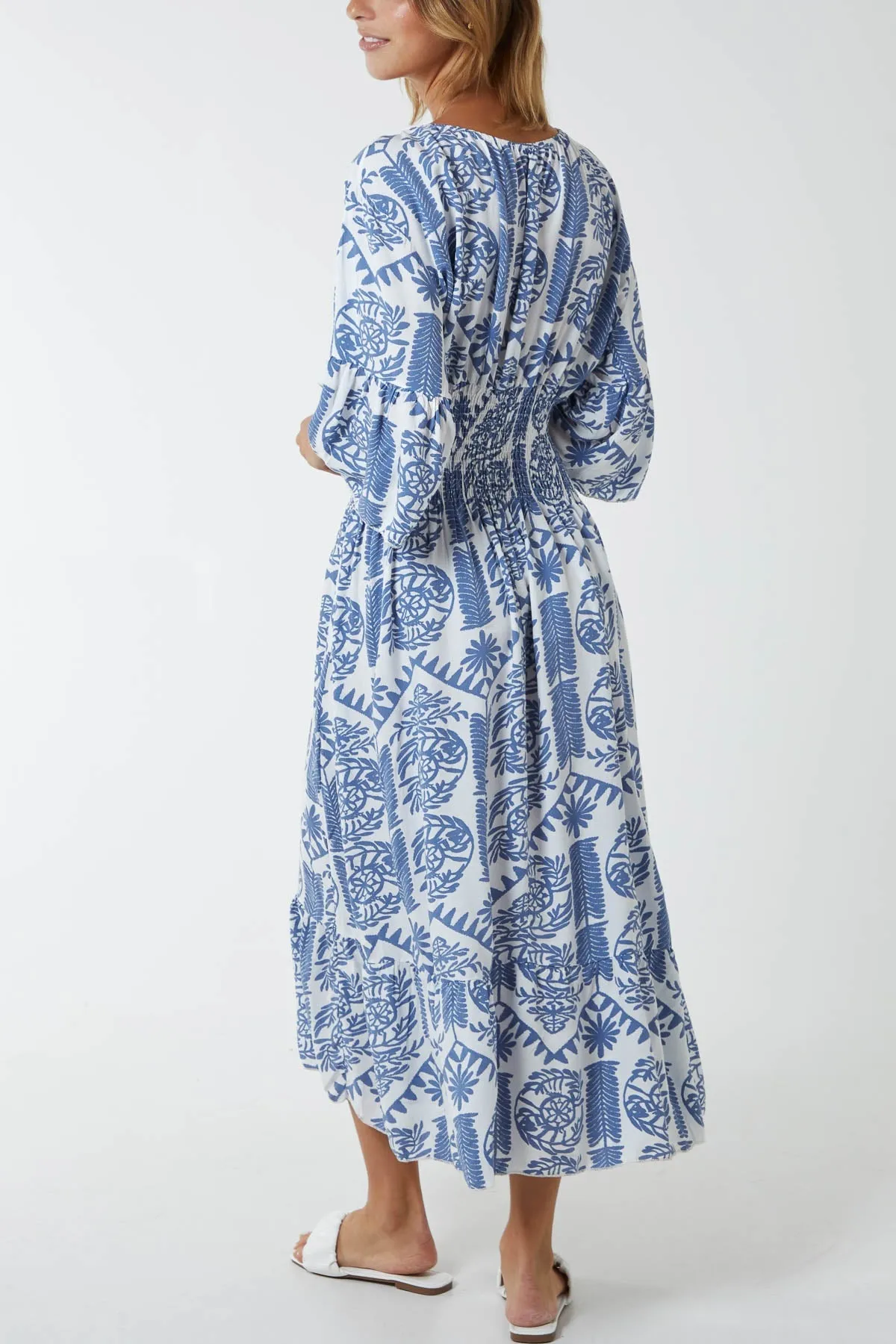 Baroque Floral Shirred Midi Dress