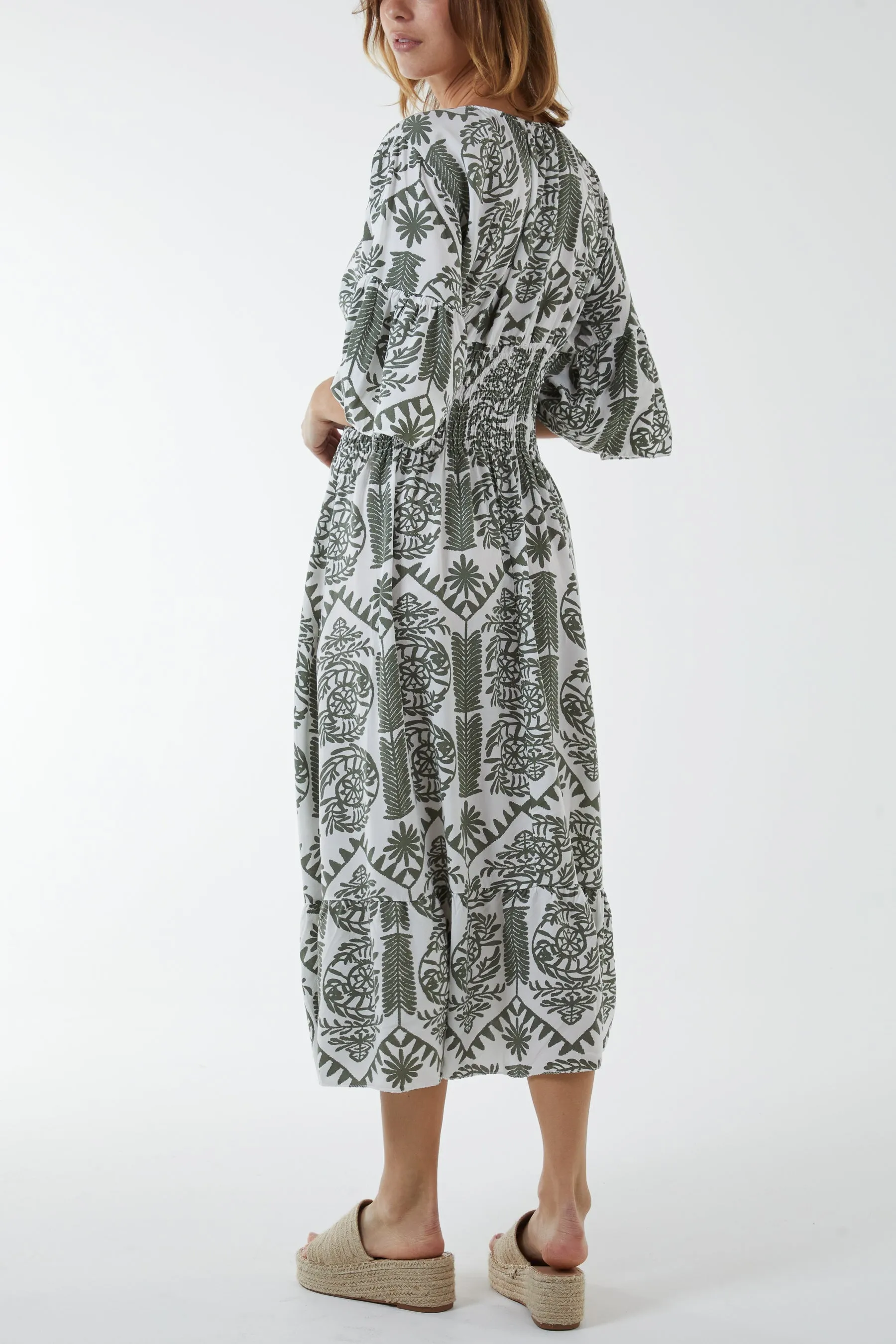 Baroque Floral Shirred Midi Dress