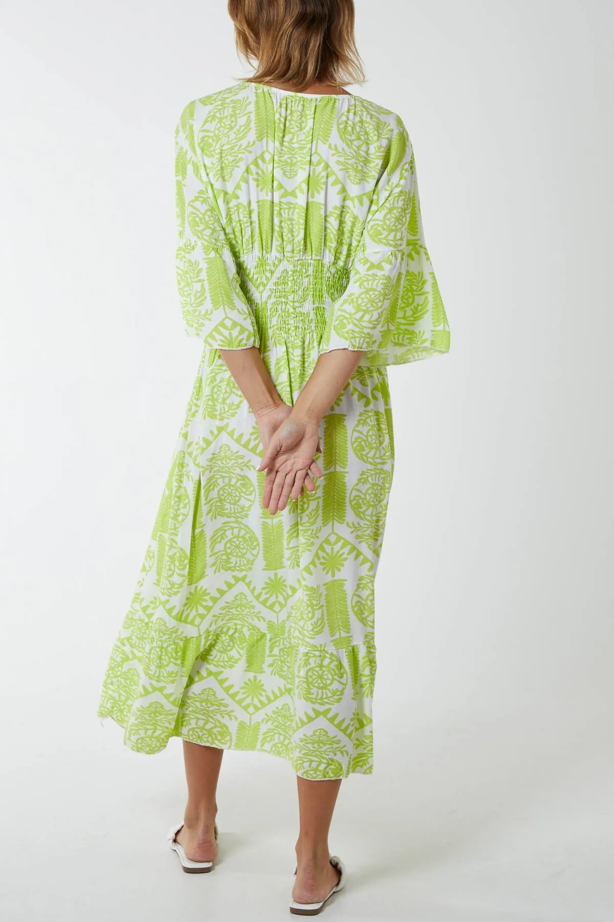 Baroque Floral Shirred Midi Dress