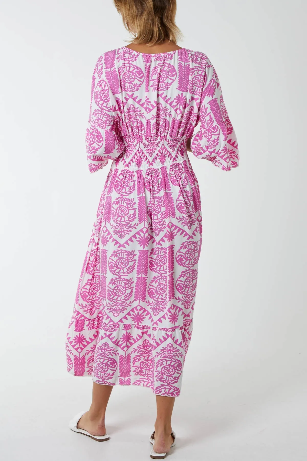 Baroque Floral Shirred Midi Dress