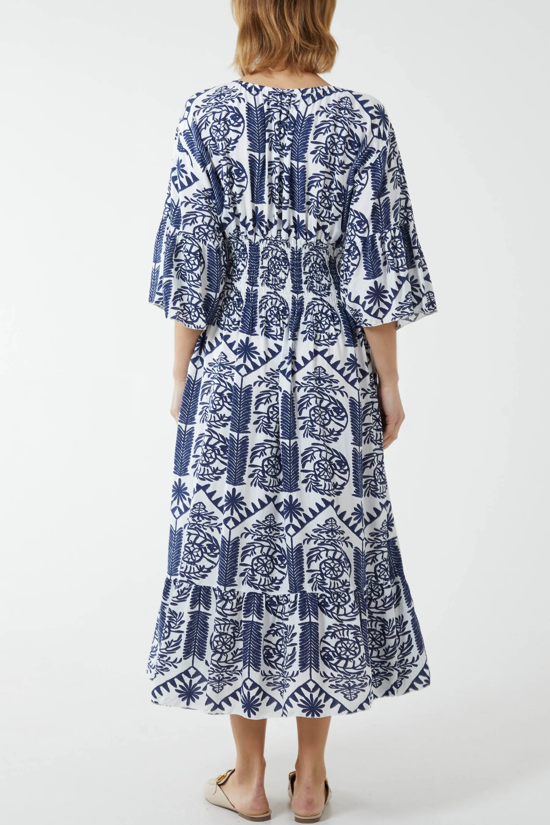 Baroque Floral Shirred Midi Dress