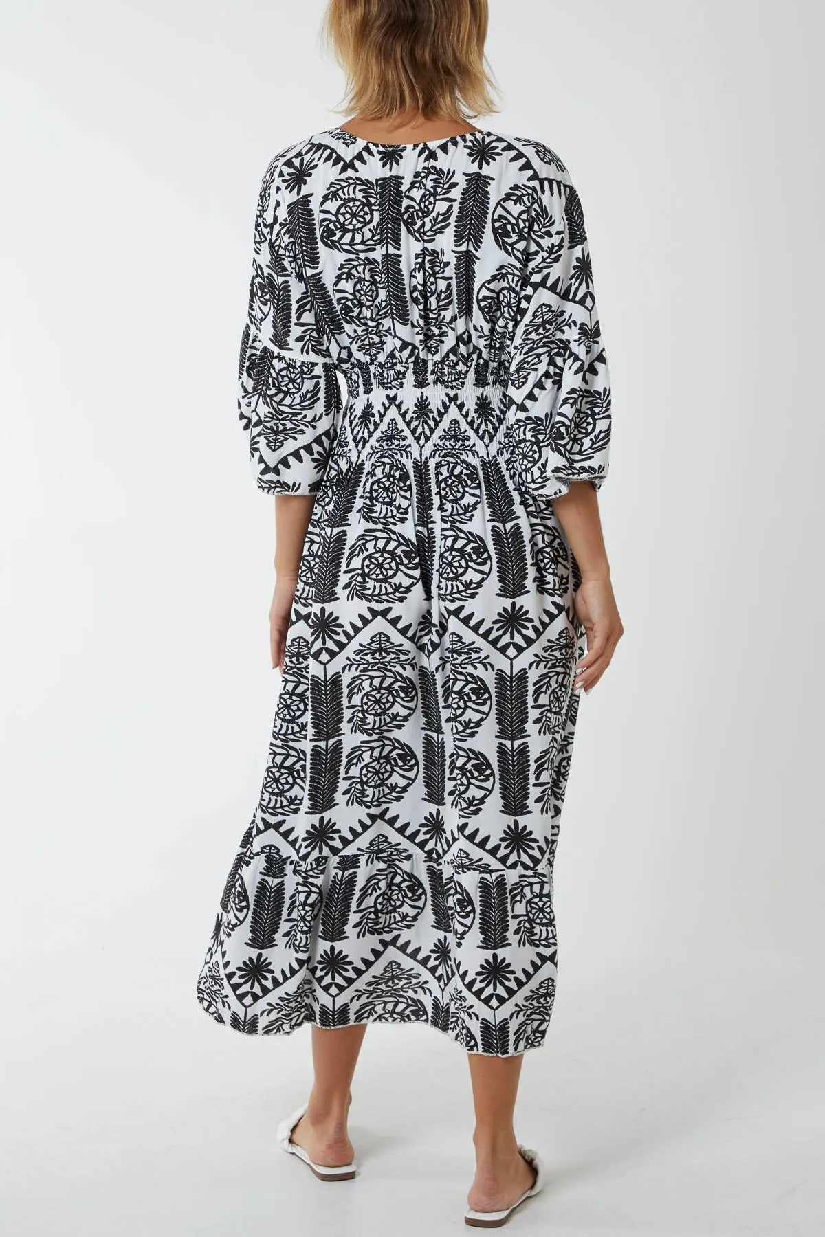 Baroque Floral Shirred Midi Dress