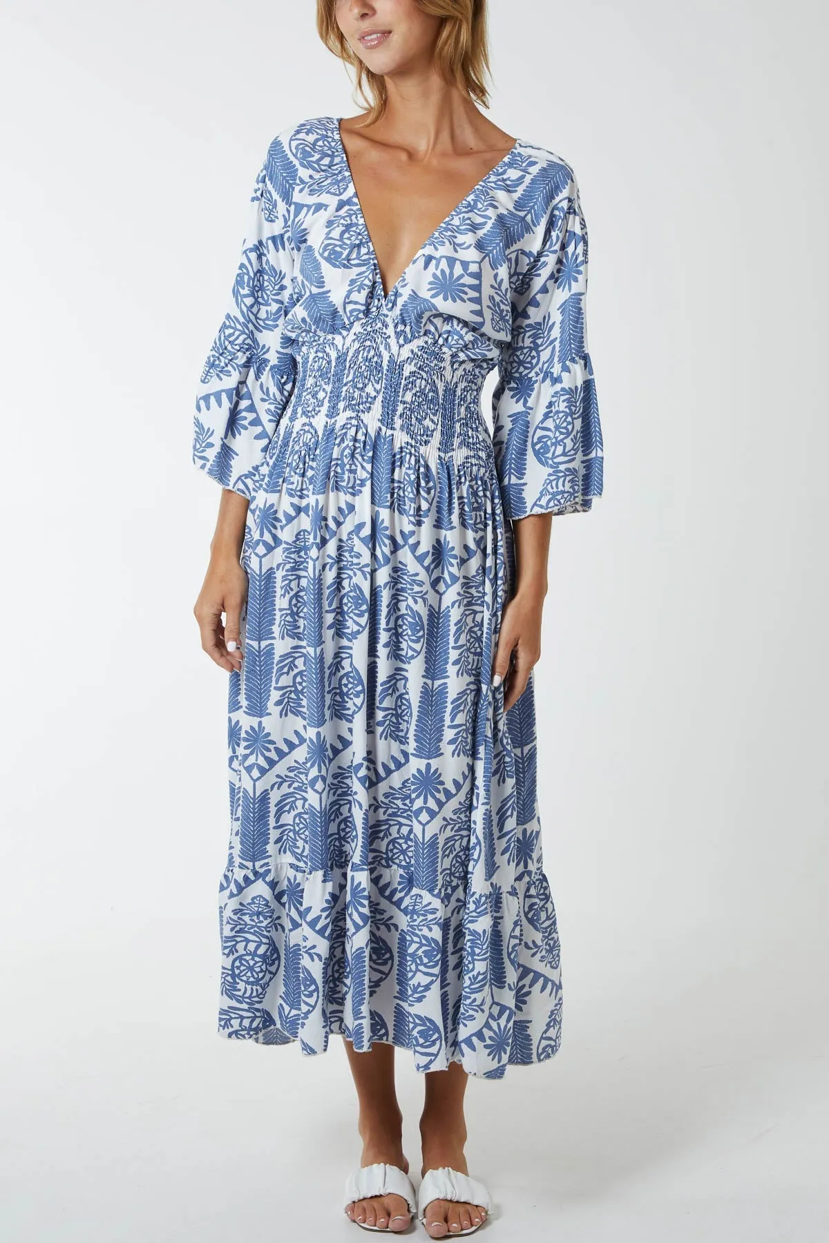 Baroque Floral Shirred Midi Dress