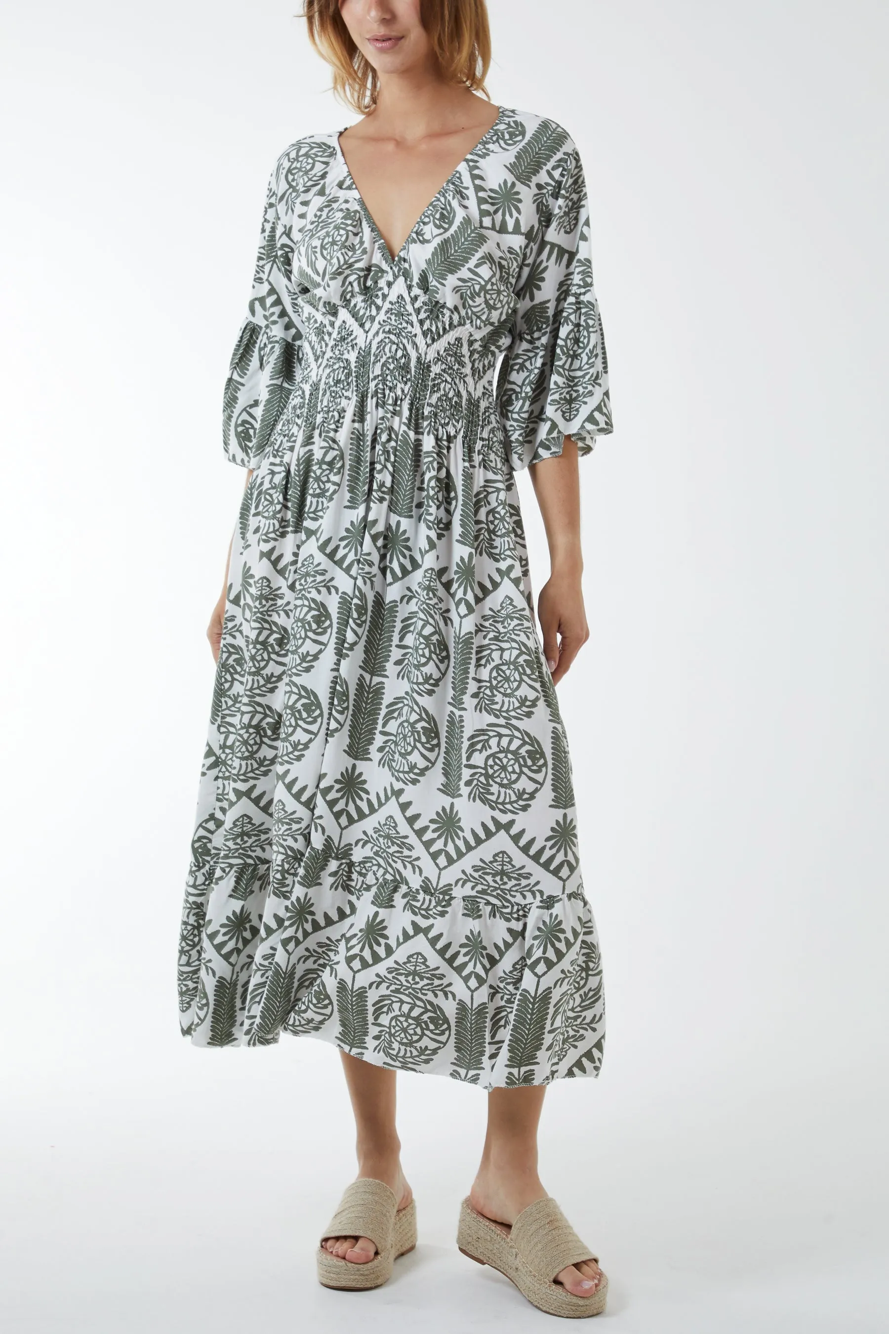 Baroque Floral Shirred Midi Dress