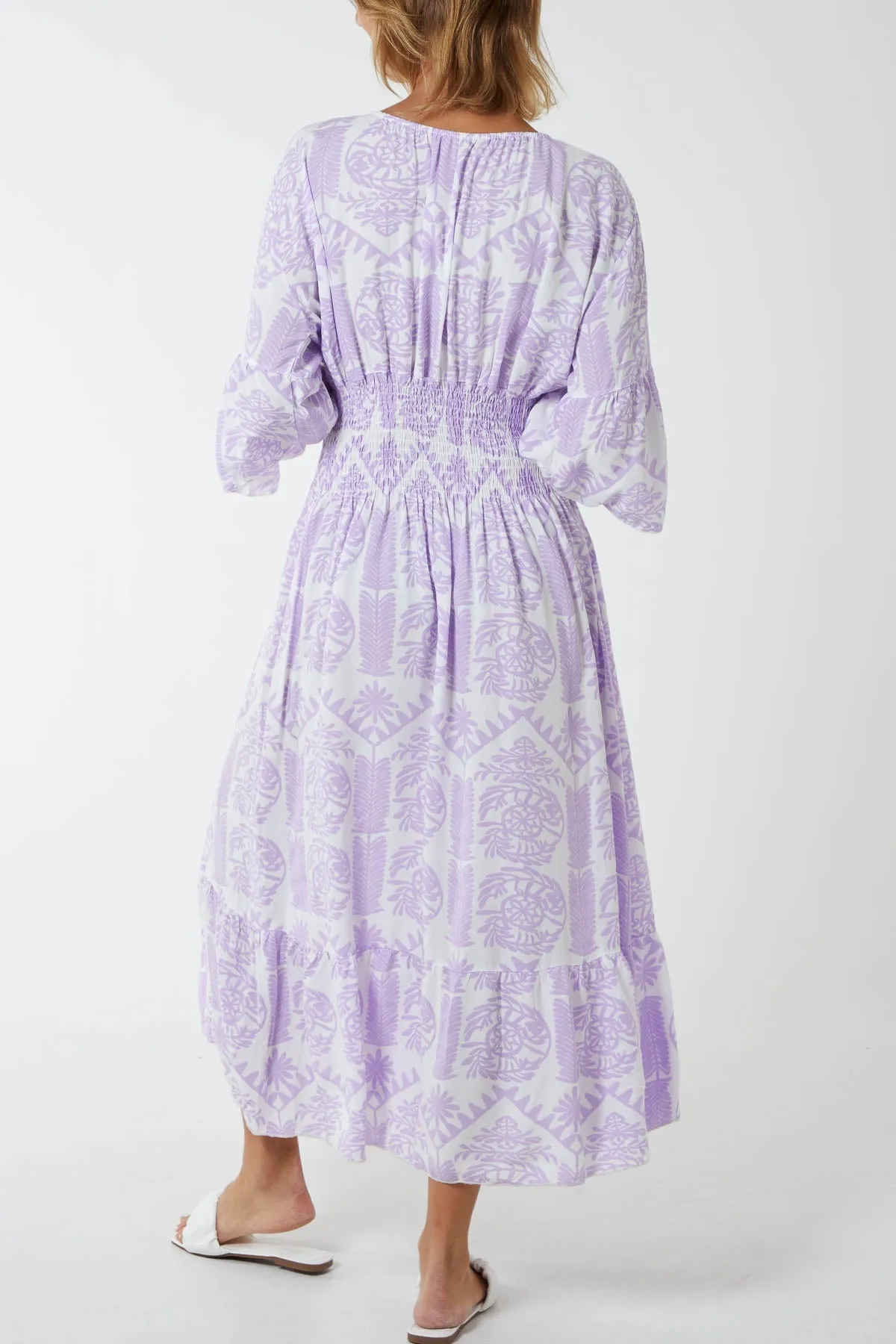 Baroque Floral Shirred Midi Dress