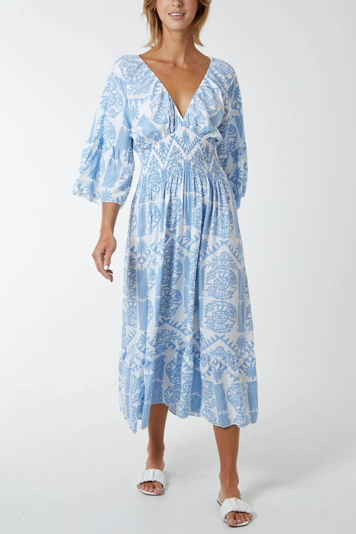 Baroque Floral Shirred Midi Dress