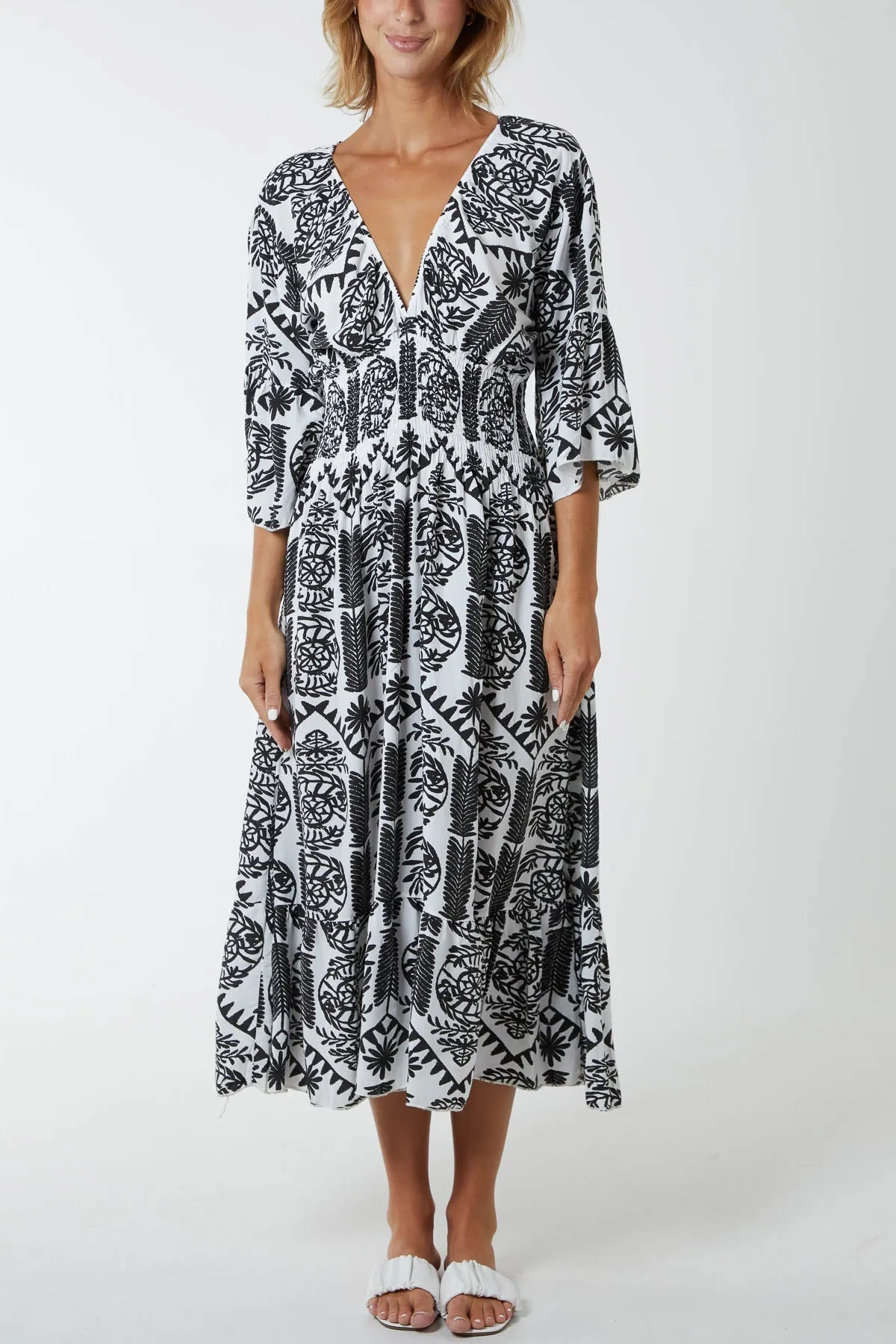 Baroque Floral Shirred Midi Dress