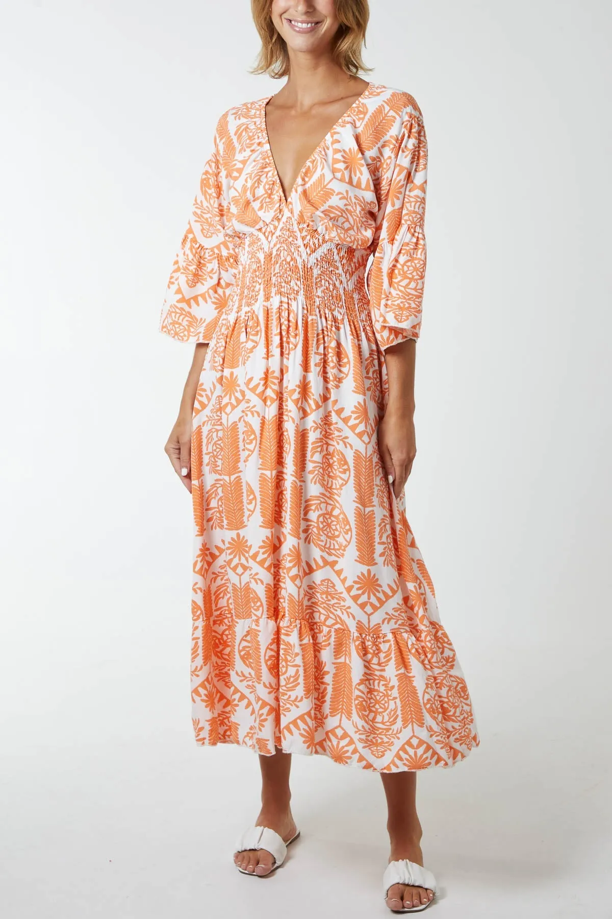 Baroque Floral Shirred Midi Dress