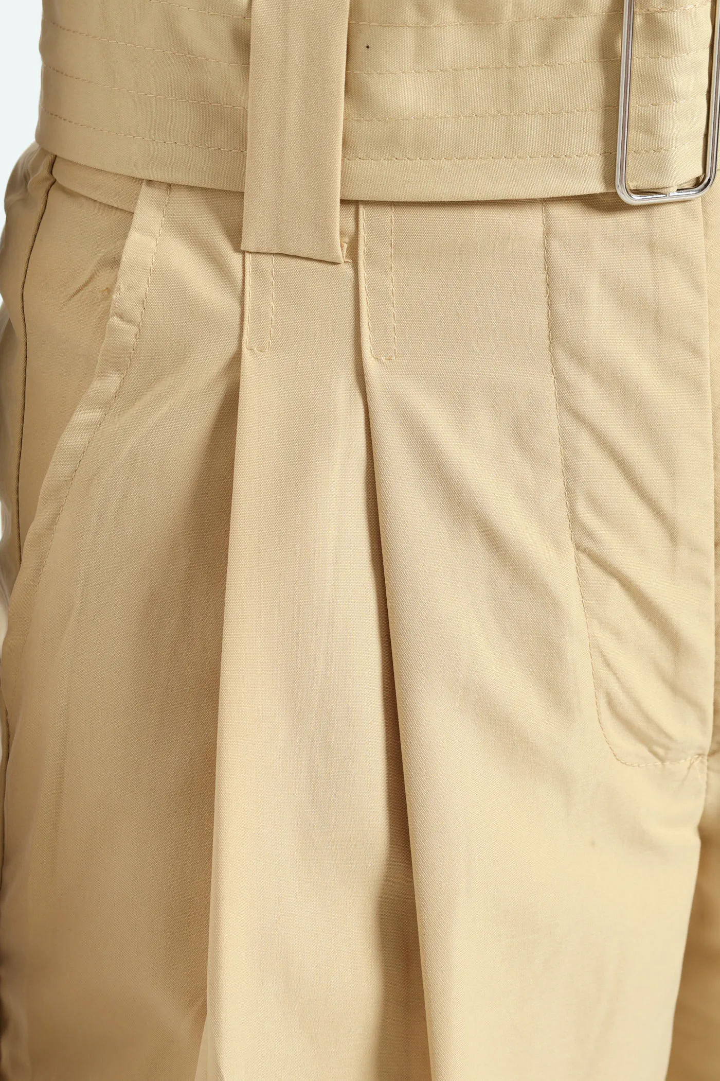 Belted Pleated Structured Bermuda Shorts - Khaki