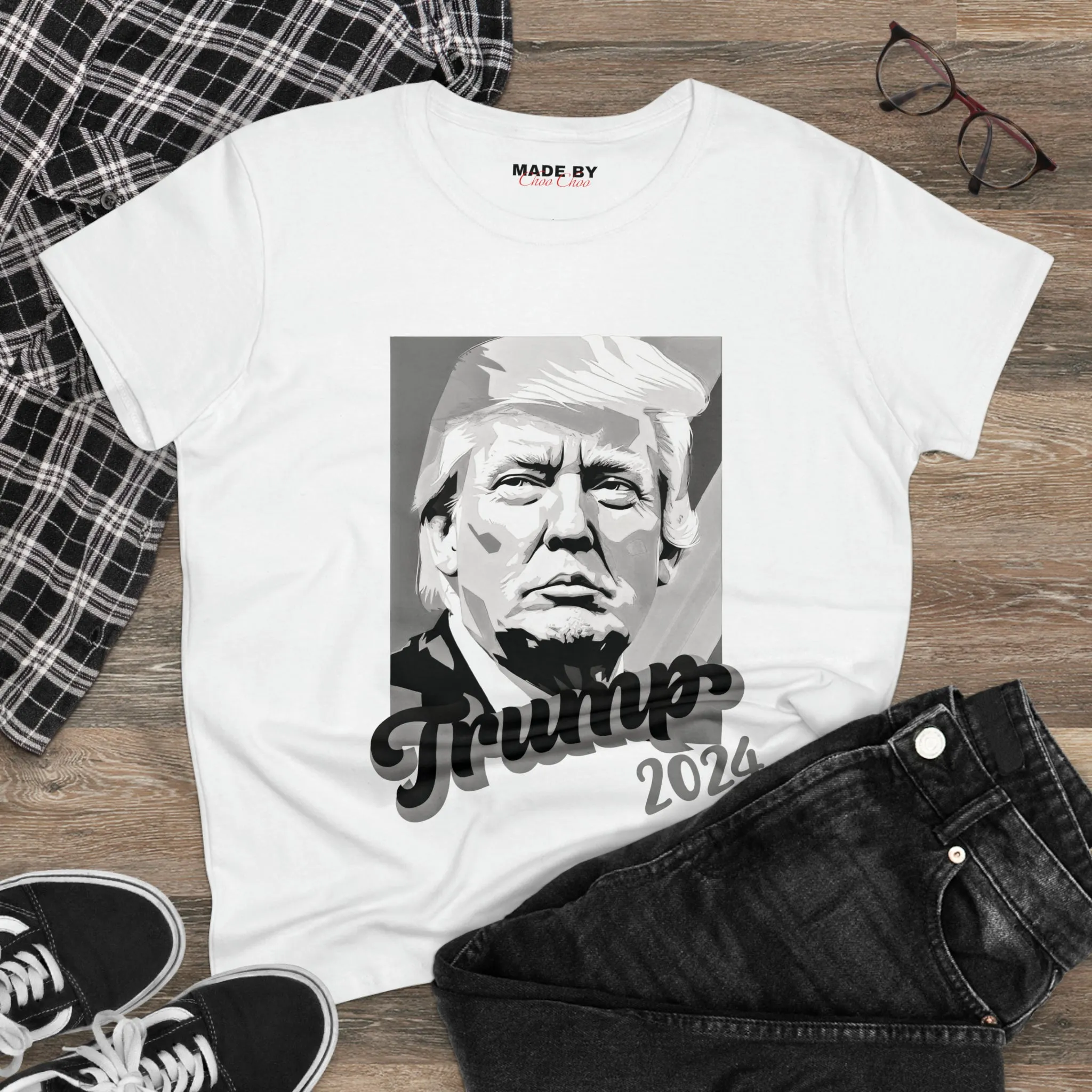 Black and White Trump Face 2024 on White/Black Women's Cotton T-Shirt