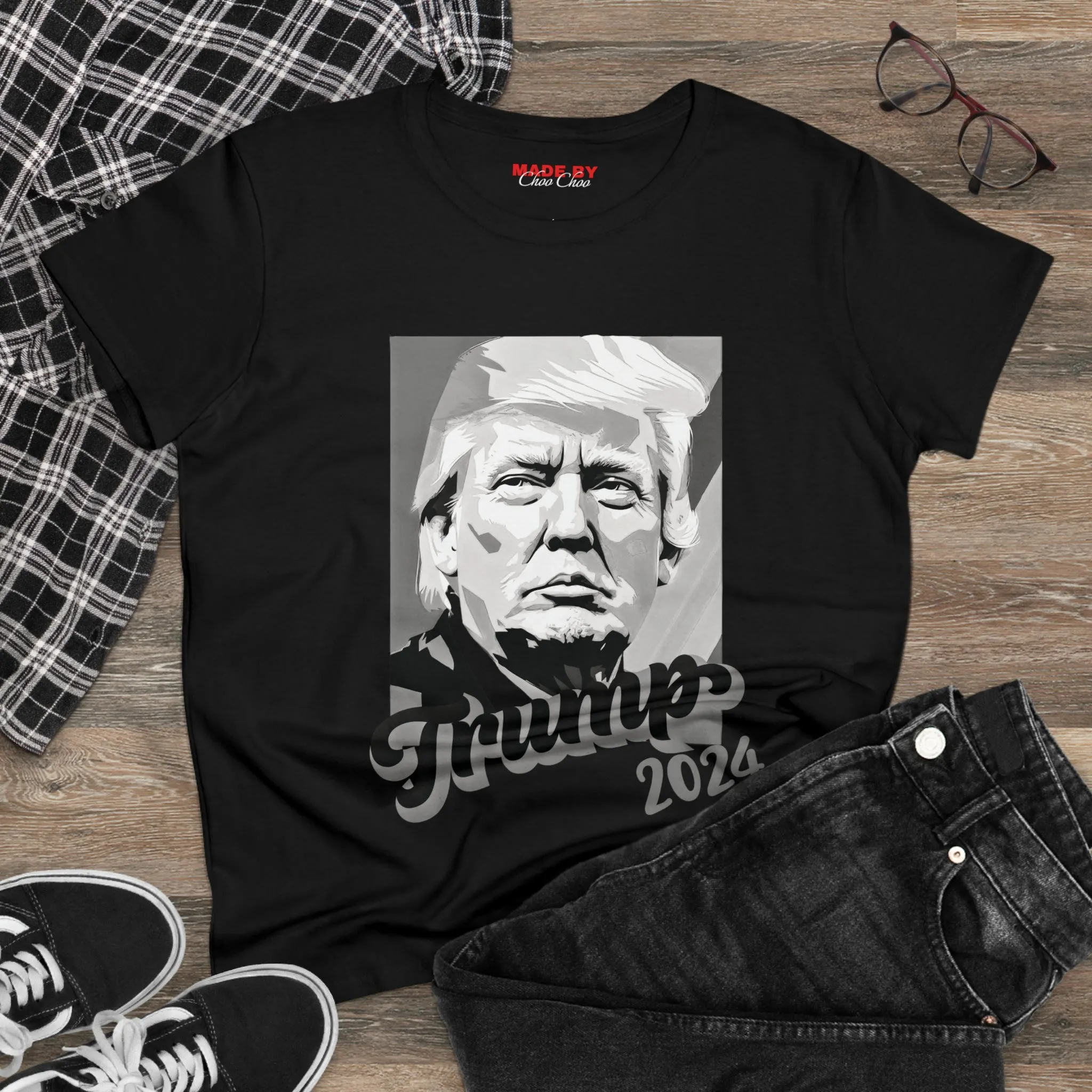 Black and White Trump Face 2024 on White/Black Women's Cotton T-Shirt