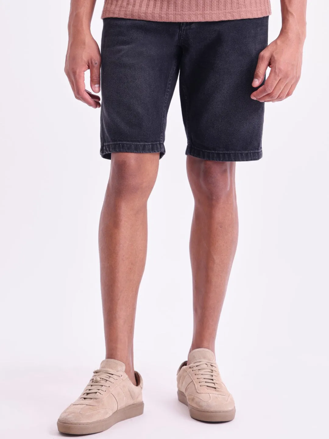 Black Plain Denim Shorts
