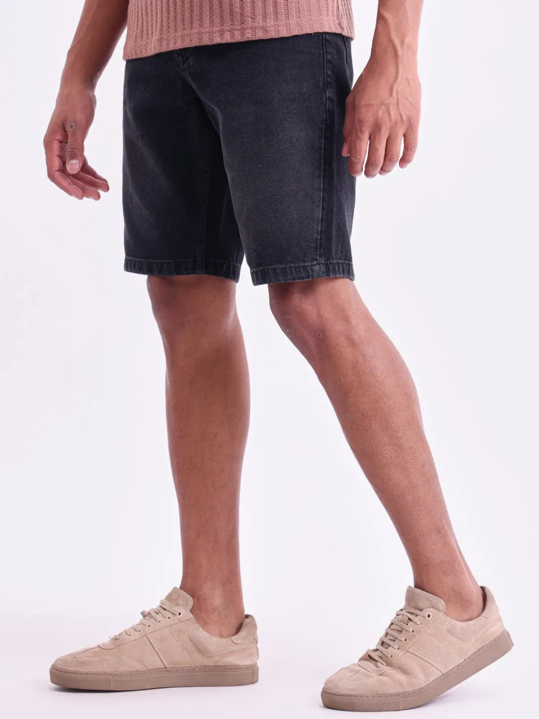 Black Plain Denim Shorts