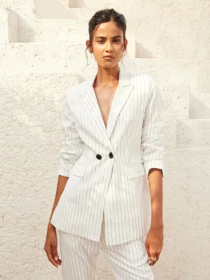 Bold-White Stripes Striped Double Breasted Blazer - White