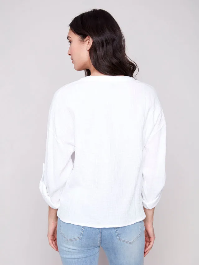 Bubble Cotton Blouse with Front Twist - White - C4495R-050C