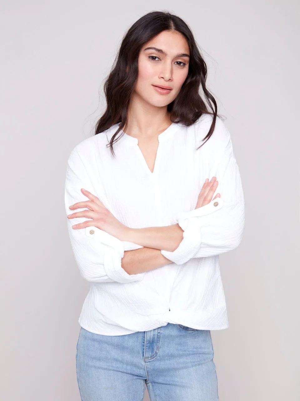 Bubble Cotton Blouse with Front Twist - White - C4495R-050C