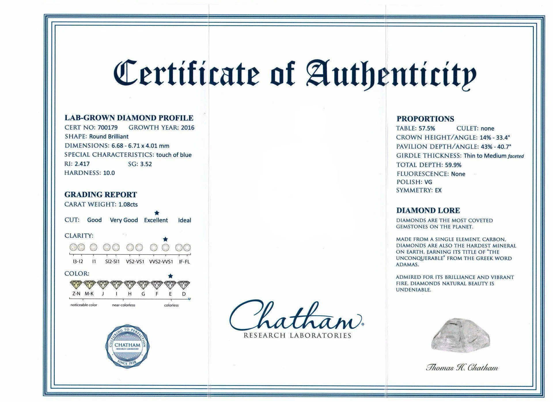 Chatham Lab-Grown Diamond Loose - Round Brilliant Cut - 1.08 Carats