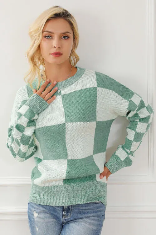 Chelsey Checkered Drop Shoulder Long Sleeve Sweater