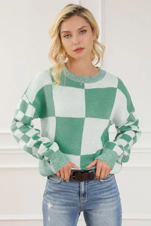 Chelsey Checkered Drop Shoulder Long Sleeve Sweater