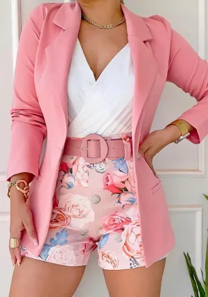 Chic Blazer and Floral Print Shorts Two-Piece Set with Belt