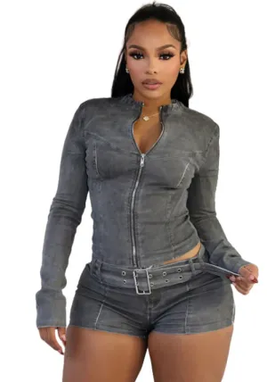 Chic Denim Two-Piece Set with Long-Sleeve Top and Belted Shorts