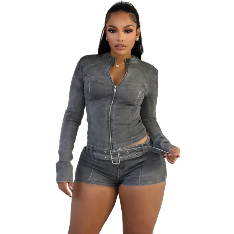 Chic Denim Two-Piece Set with Long-Sleeve Top and Belted Shorts