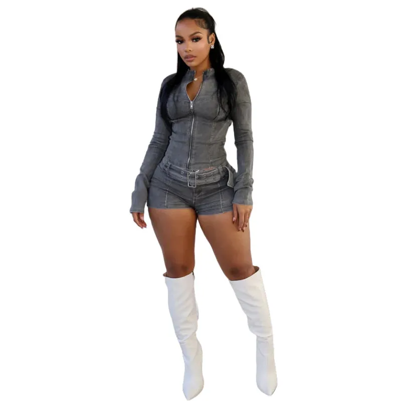 Chic Denim Two-Piece Set with Long-Sleeve Top and Belted Shorts