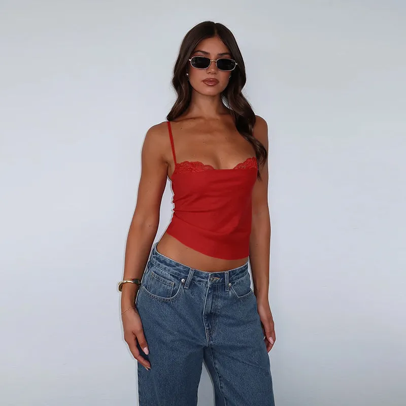 Chic Lace-Trimmed Spaghetti Strap Camisole for Effortless Elegance