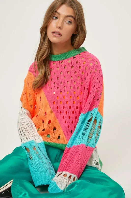 COLOR BLOCK DISTRESSED SWEATER