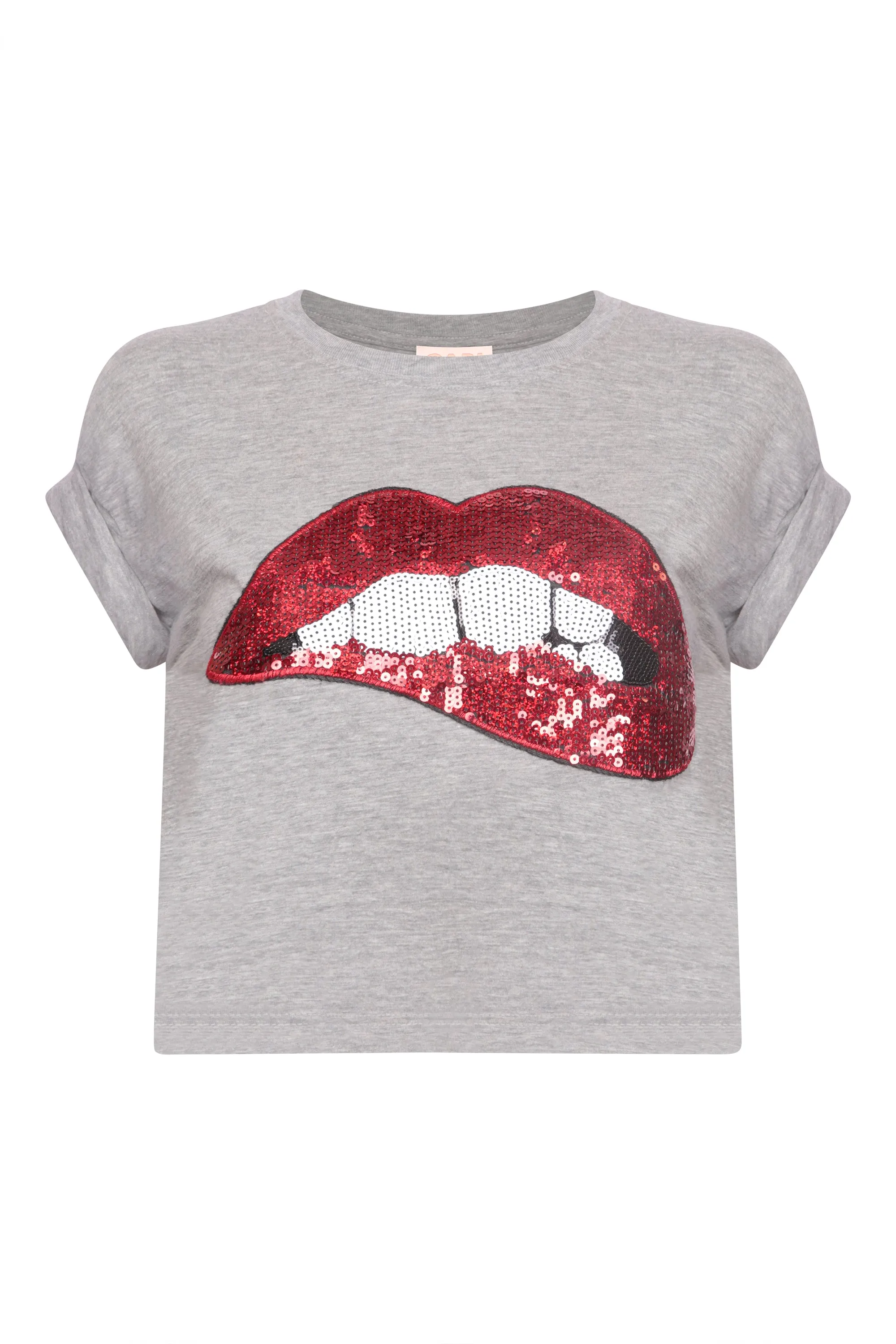 Cropped grey maternity t-shirt, sequin applique lips